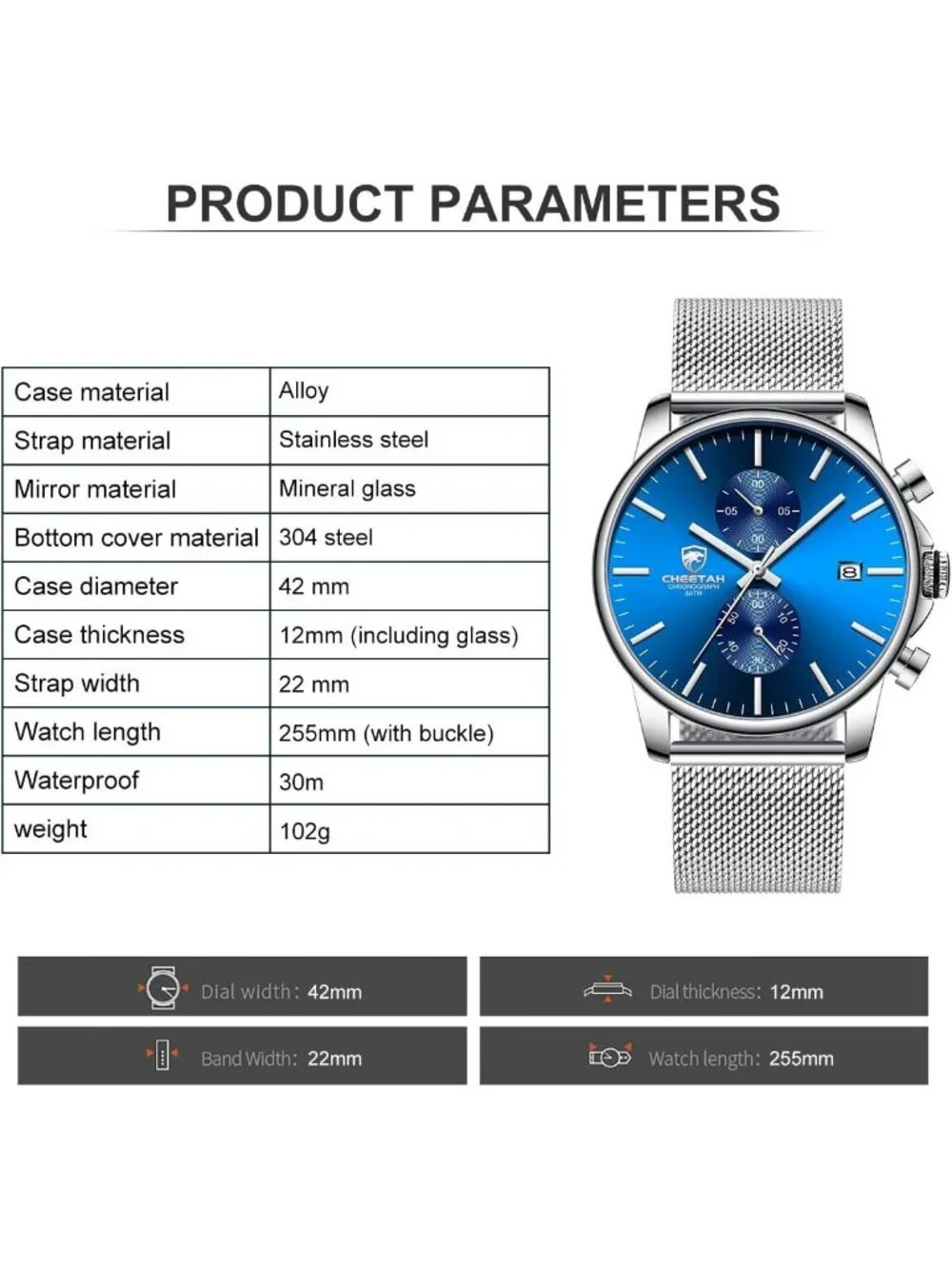 Men's Silver Blue Quartz Analog Mesh Strap Stainless Steel Chronograph Watch